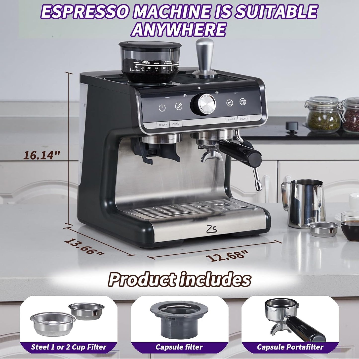 Deluxe Espresso Coffee Machine with Integrated Grinder – Barista Quality Milk Frother, 20-Bar Pressure, 1450W