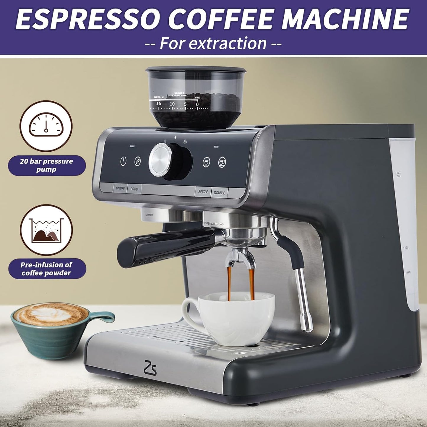 Deluxe Espresso Coffee Machine with Integrated Grinder – Barista Quality Milk Frother, 20-Bar Pressure, 1450W