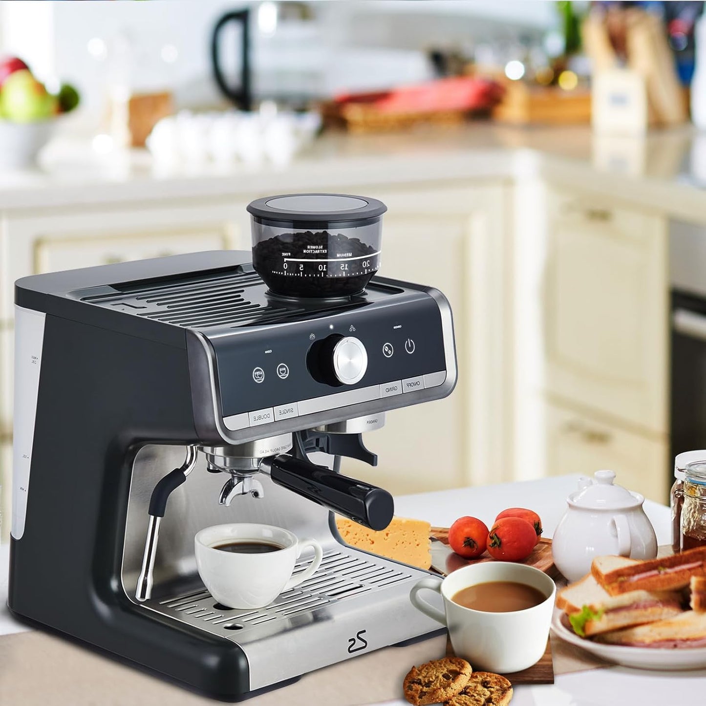 Deluxe Espresso Coffee Machine with Integrated Grinder – Barista Quality Milk Frother, 20-Bar Pressure, 1450W