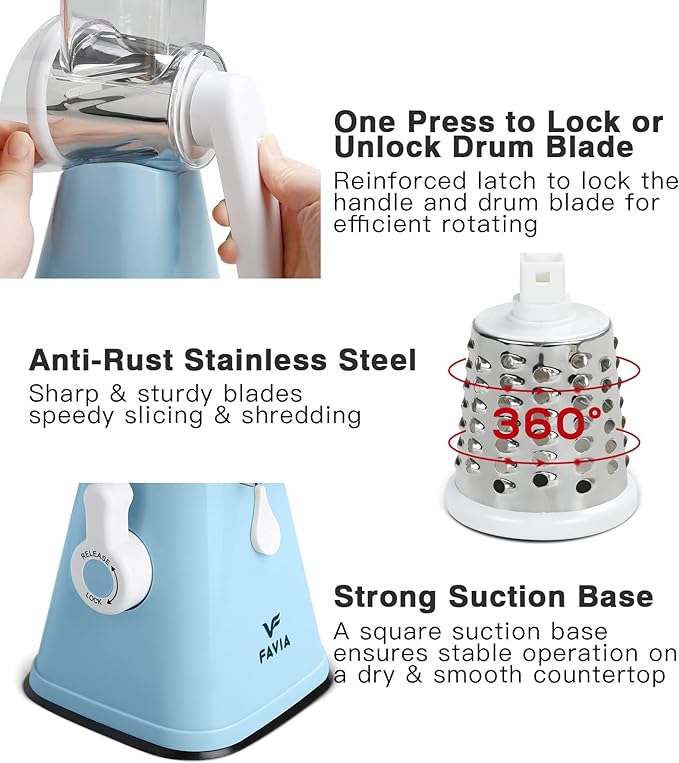 Rotary Cheese Grater with Handle with 3 Stainless Steel Drum Blades