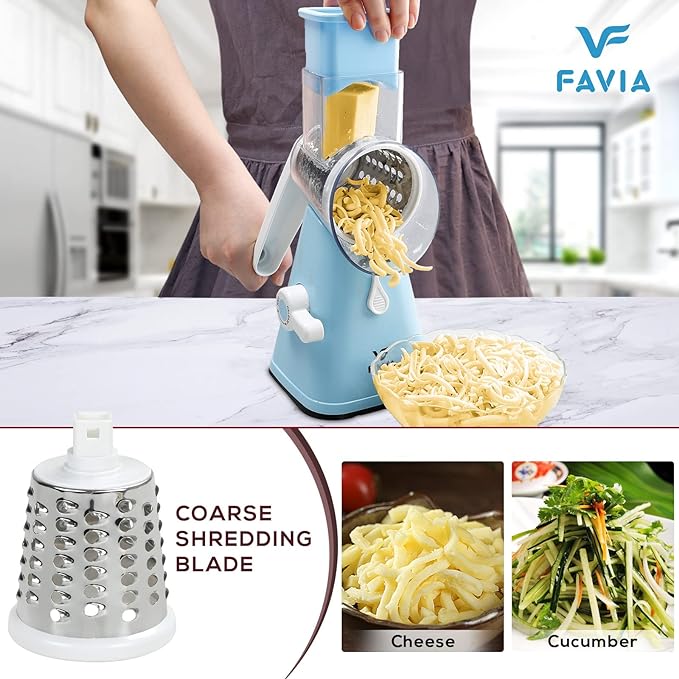 Rotary Cheese Grater with Handle with 3 Stainless Steel Drum Blades