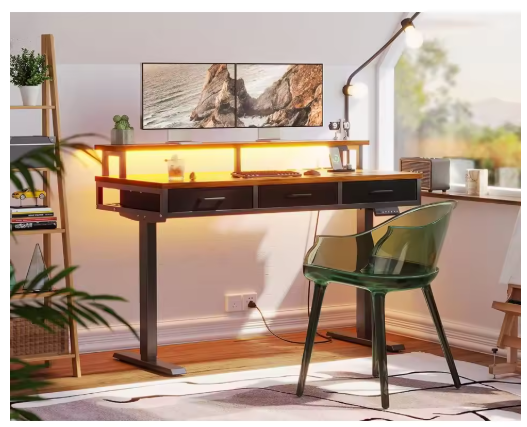 ProLift Electric Standing Desk with Storage – 55 inch” High-End Sit-Stand Desk with Power Outlets & LED Light Strips