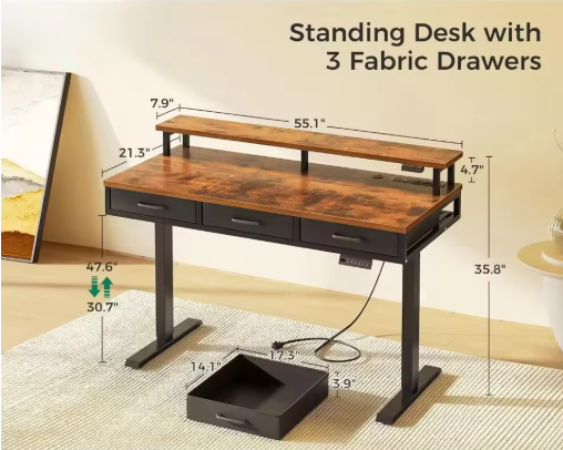 ProLift Electric Standing Desk with Storage – 55 inch” High-End Sit-Stand Desk with Power Outlets & LED Light Strips