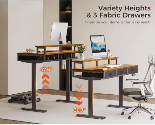 ProLift Electric Standing Desk with Storage – 55 inch” High-End Sit-Stand Desk with Power Outlets & LED Light Strips