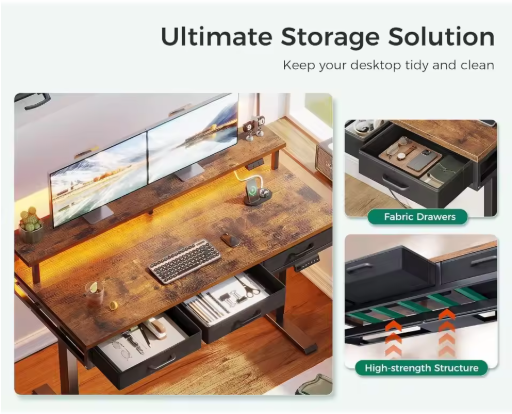 ProLift Electric Standing Desk with Storage – 55 inch” High-End Sit-Stand Desk with Power Outlets & LED Light Strips