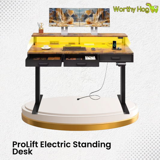 ProLift Electric Standing Desk with Storage – 55 inch” High-End Sit-Stand Desk with Power Outlets & LED Light Strips