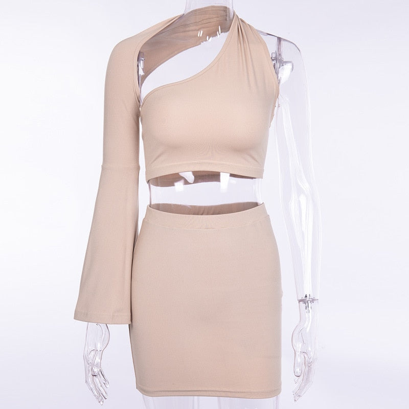 One-shoulder long flare sleeve crop tops skirts 2 pieces - worthyhog