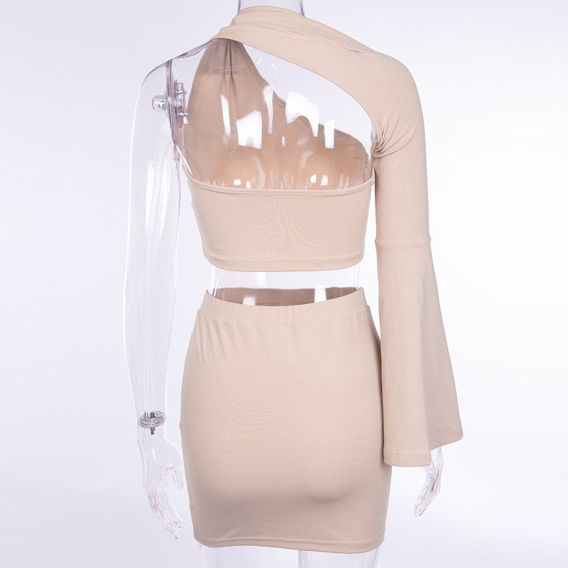 One-shoulder long flare sleeve crop tops skirts 2 pieces - worthyhog