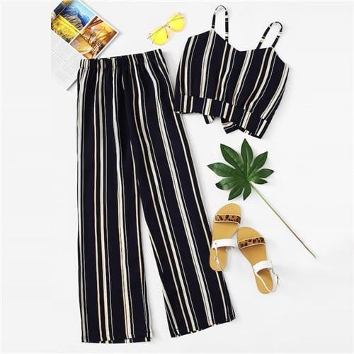ROMWE Knot Striped Cami Top With Pants Summer Spaghetti Strap Sleeveless Wide Leg 2019 Sexy Women Casual Female Two Piece - worthyhog