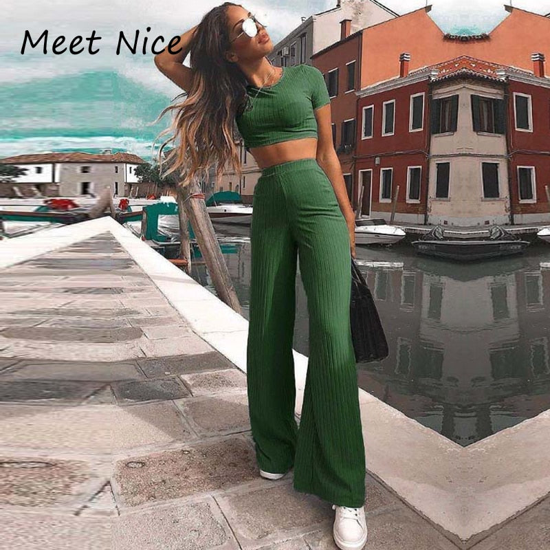 O Neck Crop Top and Long Pants Set - worthyhog