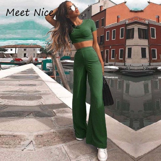 O Neck Crop Top and Long Pants Set - worthyhog