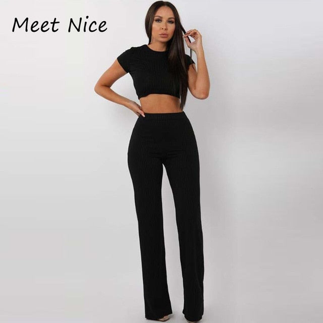 O Neck Crop Top and Long Pants Set - worthyhog