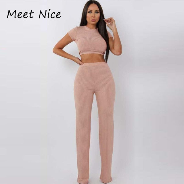 O Neck Crop Top and Long Pants Set - worthyhog