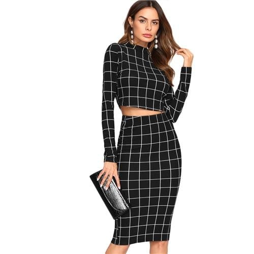 Sheinside Stand Collar Long Sleeve 2 Piece Set Women Crop Grid Top and Pencil Skirt Ladies Elegant Office Ladies Two Piece Set - worthyhog