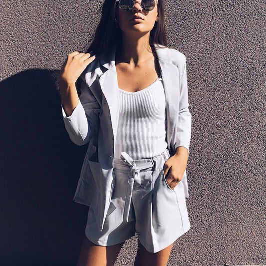 Loose Blazer & Bow Elastic Waist Short Pant Set - worthyhog