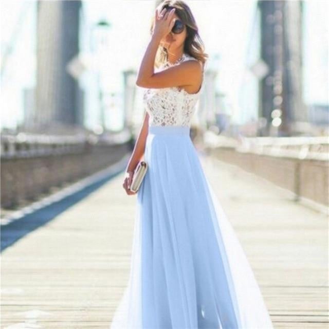 New Women Elegant Dress Crochet Lace Chiffon Beach Dress 2018 Sexy Sleeveless Long Party Maxi Dresses Vestidos Party dresses - worthyhog