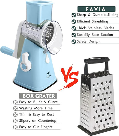 Rotary Cheese Grater with Handle with 3 Stainless Steel Drum Blades