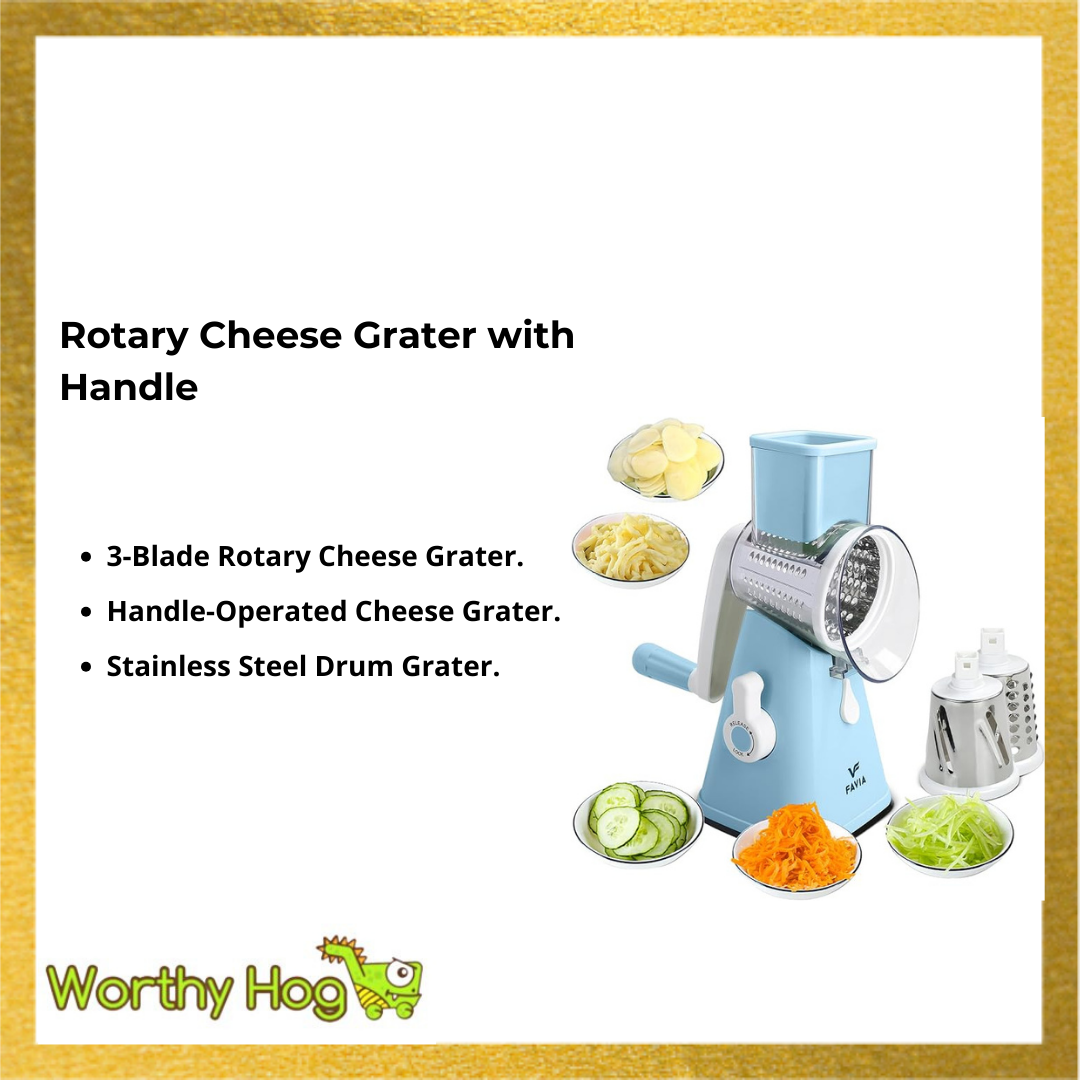 Rotary Cheese Grater with Handle with 3 Stainless Steel Drum Blades