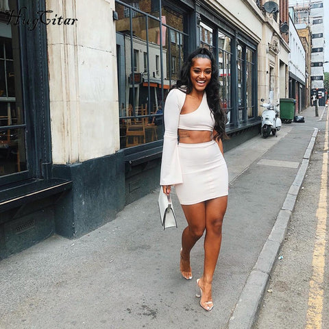 One-shoulder long flare sleeve crop tops skirts 2 pieces - worthyhog