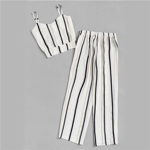 ROMWE Knot Striped Cami Top With Pants Summer Spaghetti Strap Sleeveless Wide Leg 2019 Sexy Women Casual Female Two Piece - worthyhog
