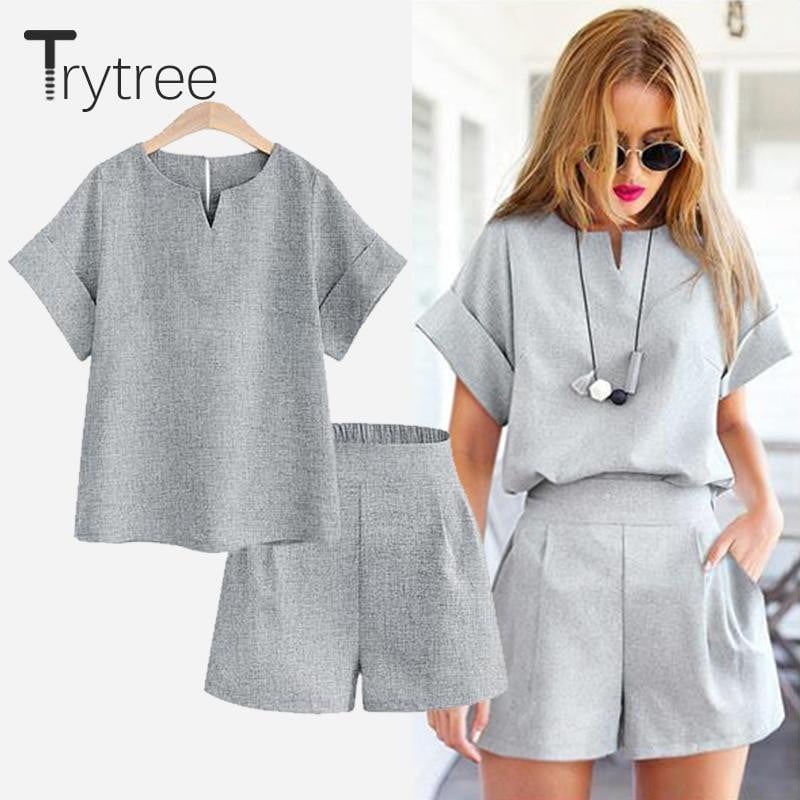 Trytree Spring summer Women two piece set Casual Cotton tops + short Soild Female Office plus size Suit Set Short Sleeve Sets - worthyhog