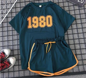 Vintage 1980s Printing Two Piece Tracksuit Set Korean Short Sleeve Tops and Shorts Summer Sports Outfit 2019 Sexy Short Set - worthyhog