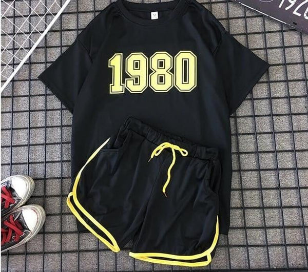 Vintage 1980s Printing Two Piece Tracksuit Set Korean Short Sleeve Tops and Shorts Summer Sports Outfit 2019 Sexy Short Set - worthyhog