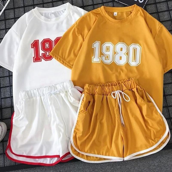 Vintage 1980s Printing Two Piece Tracksuit Set Korean Short Sleeve Tops and Shorts Summer Sports Outfit 2019 Sexy Short Set - worthyhog
