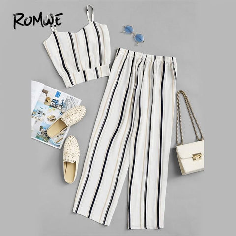 ROMWE Knot Striped Cami Top With Pants Summer Spaghetti Strap Sleeveless Wide Leg 2019 Sexy Women Casual Female Two Piece - worthyhog